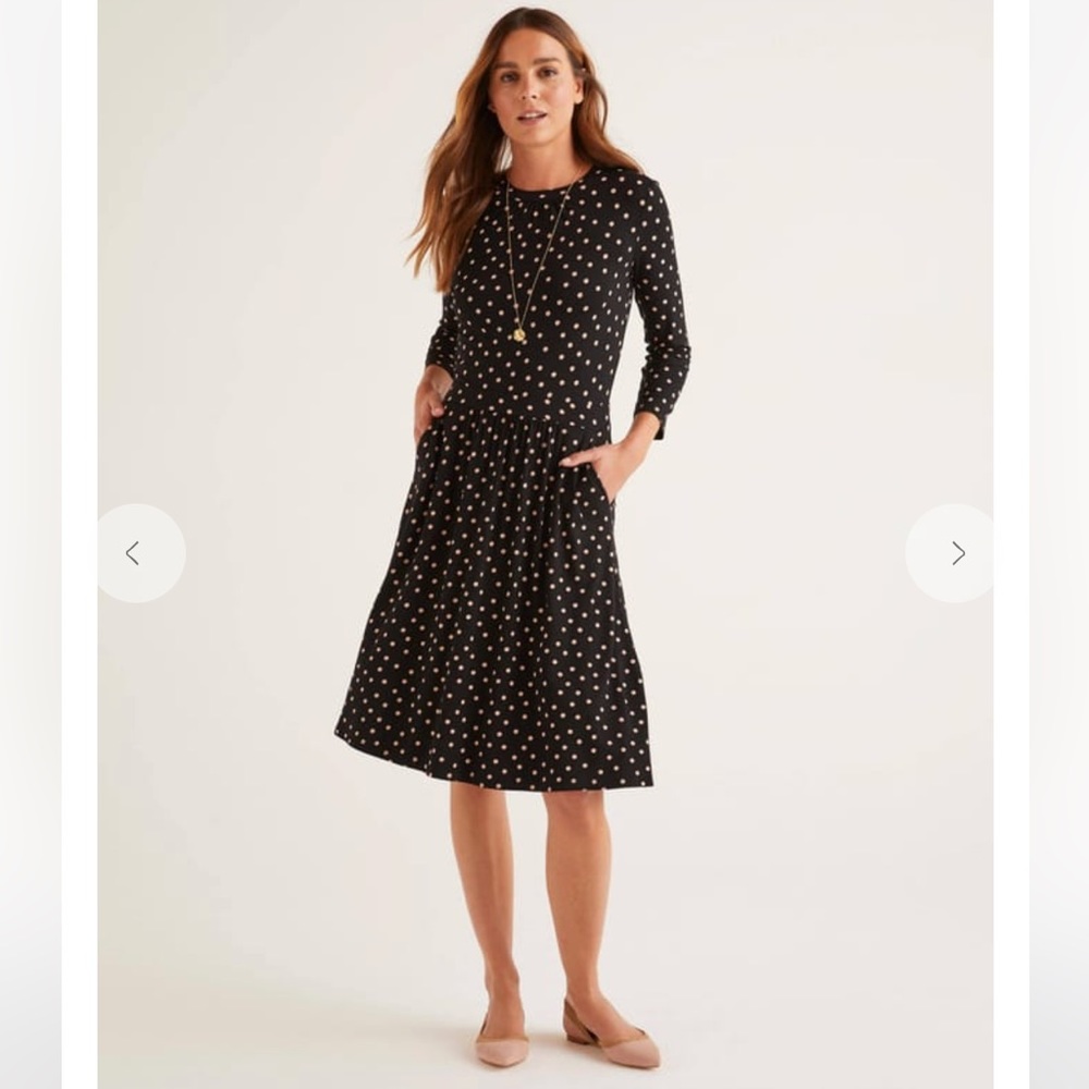 Boden Black Polka Dot Long Sleeve Fit-and-Flare Dress